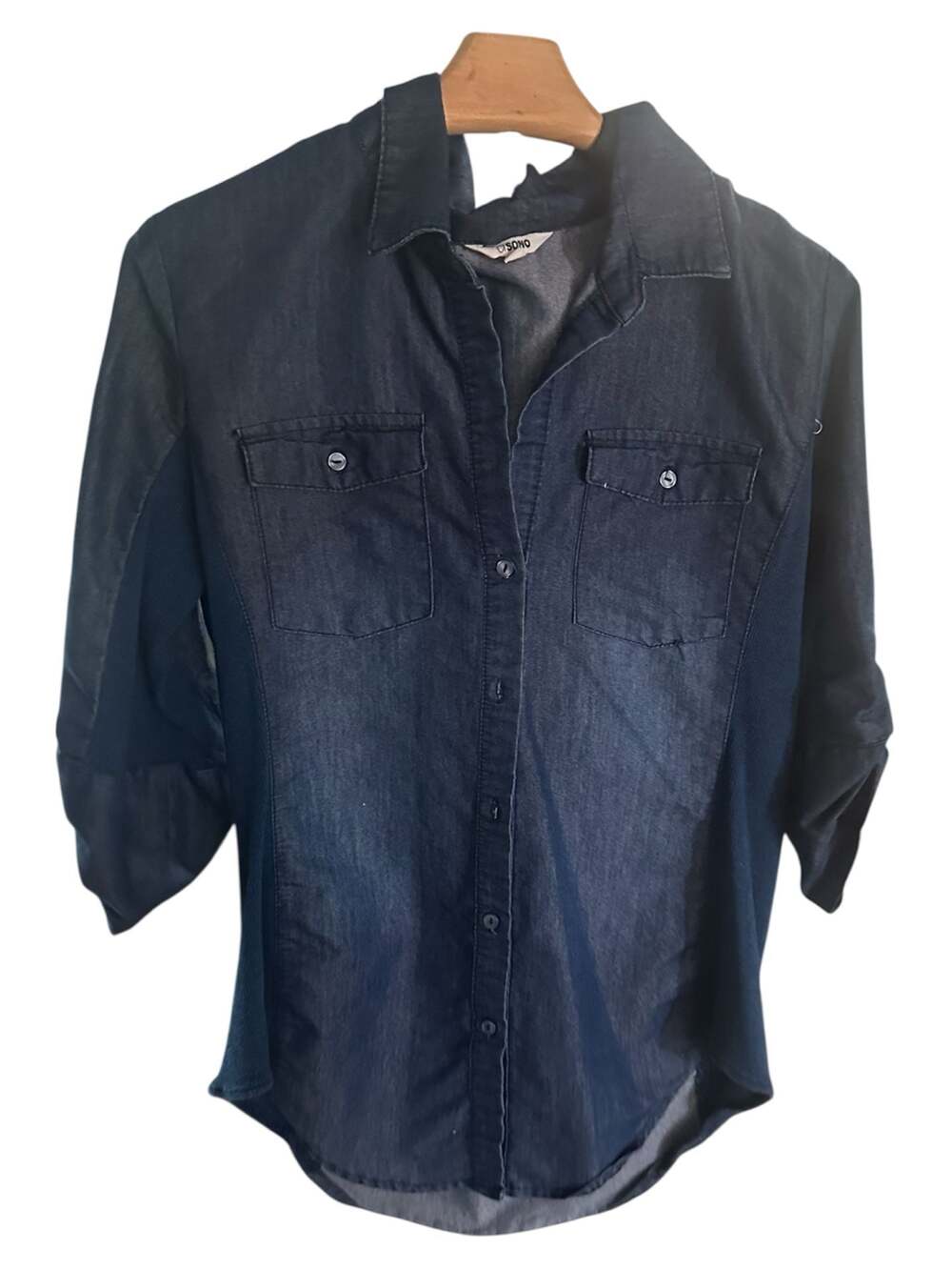 OSO Casuals Chambray & Ribbed Knit Paneled 2-Pocket Button-up Shirt